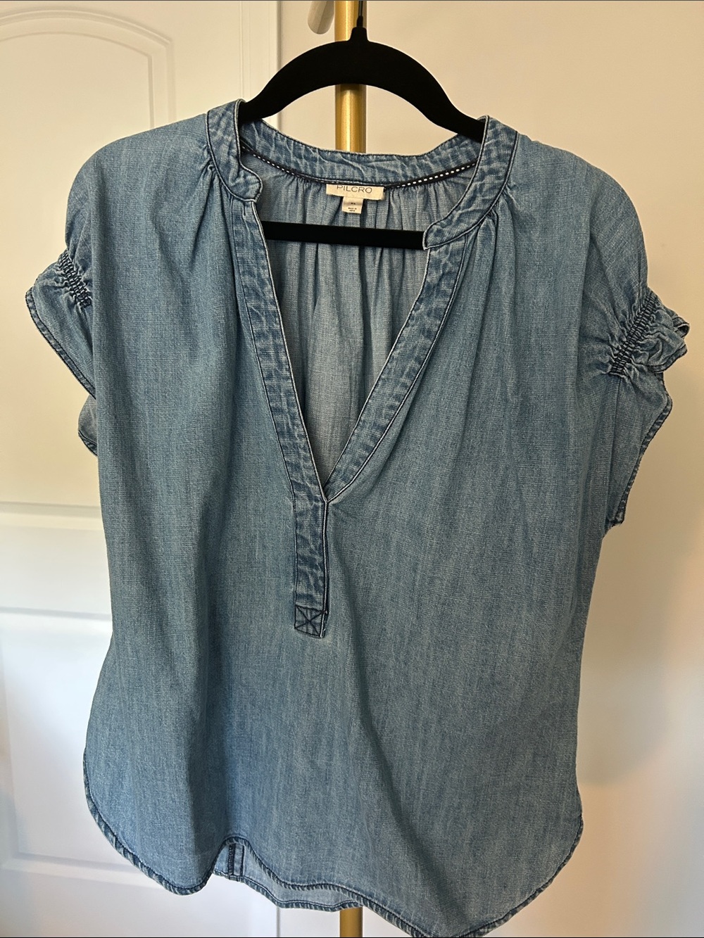 Pilcro Light Blue Chambray Split V-Neck Blouse